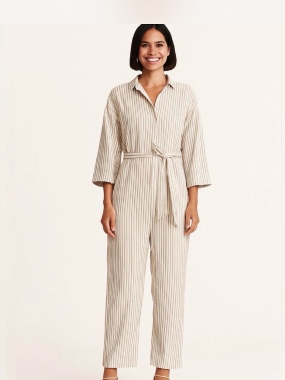 Club Monaco Beige & White Striped Tie-Waist Jumpsuit